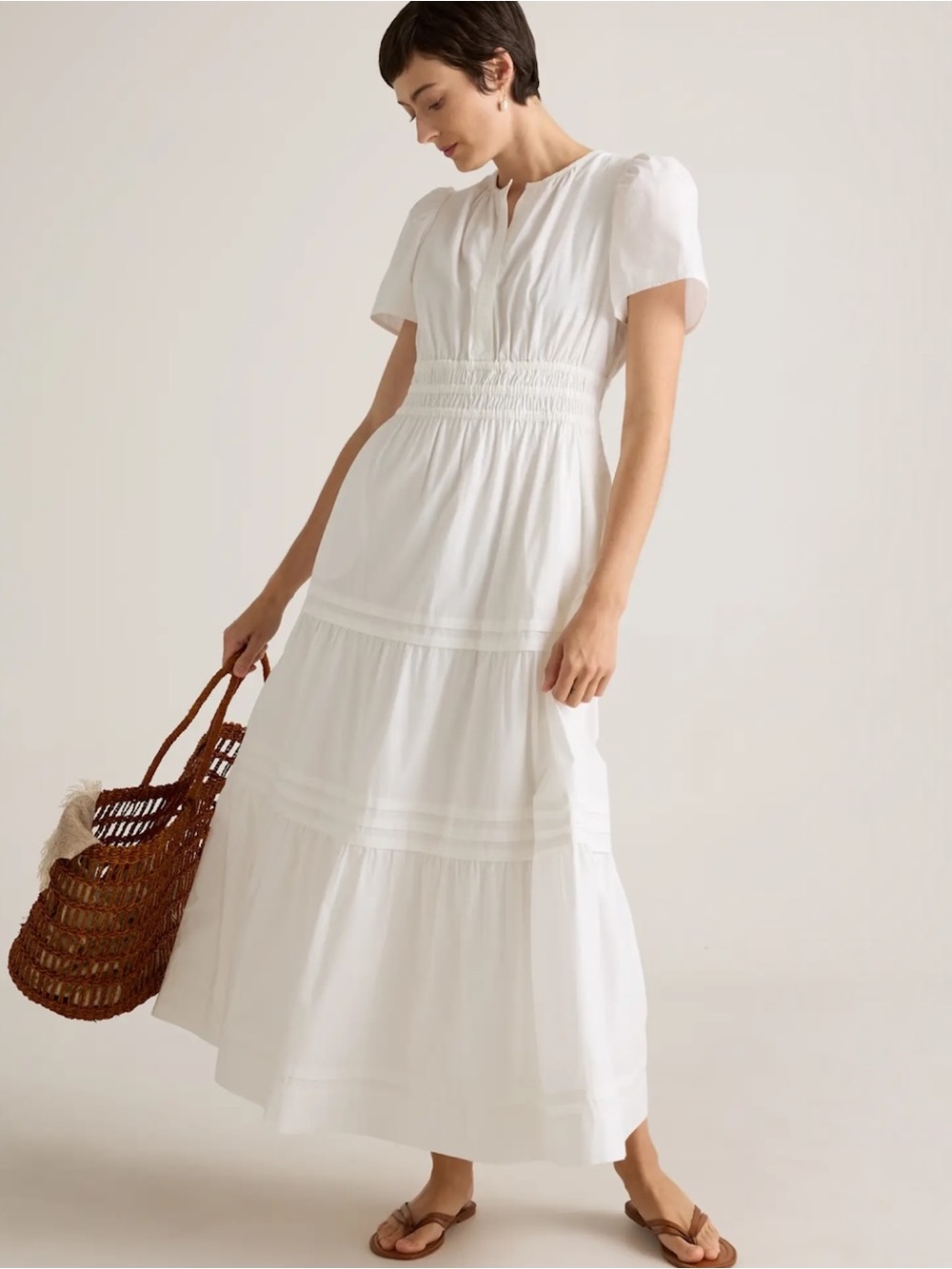 Quince 100% Organic Cotton White Tiered Maxi Dress Size L